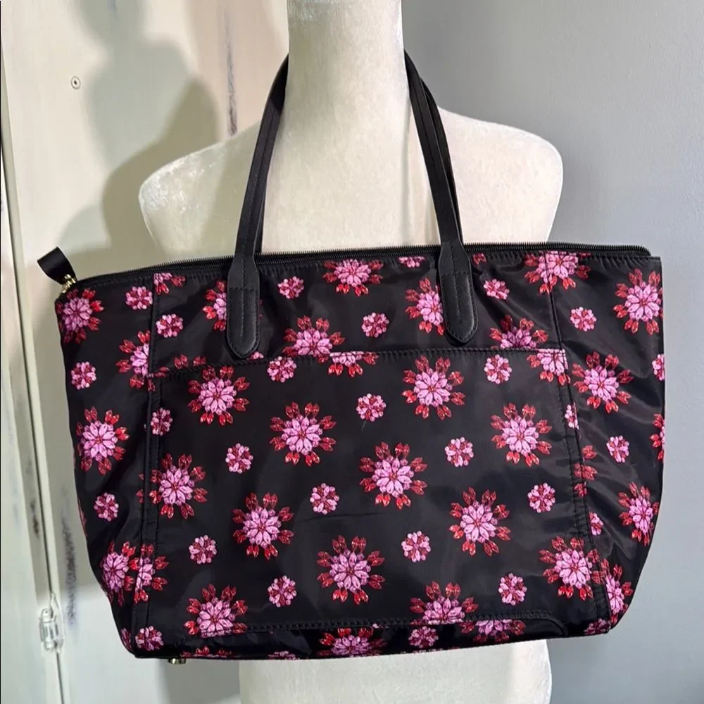 Michael Kors Nylon Floral Tote Bag Black/Pink Floral Print, Gold Tone Hardware - Picture 6 of 15